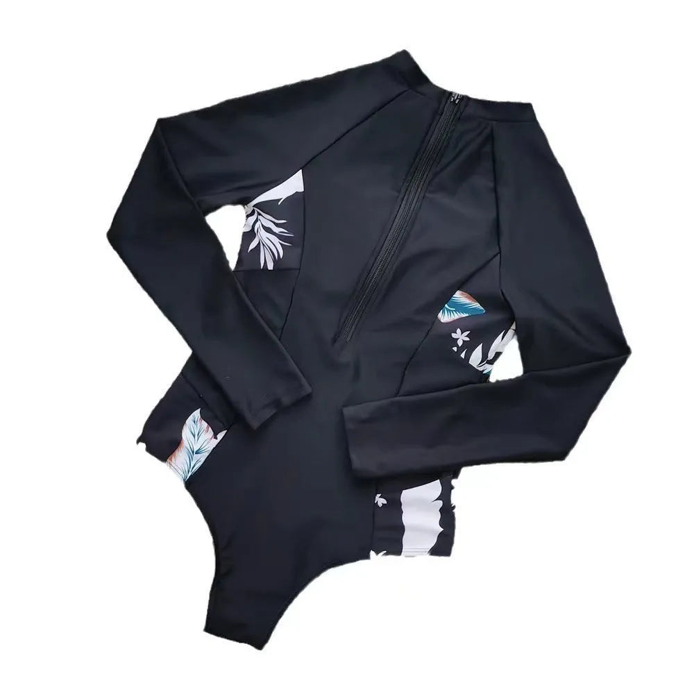 Black printed one-piece diving suit with long sleeves for women