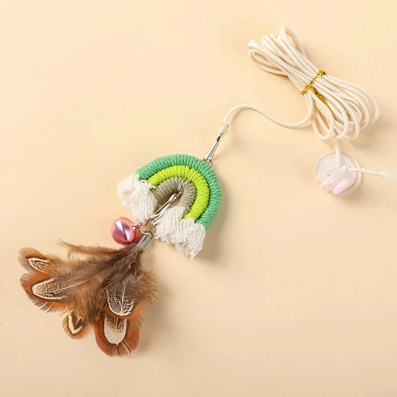 Feather cat rope door hanging toy with elastic swing and sticky buckle clamp in blue, green, or pink colours