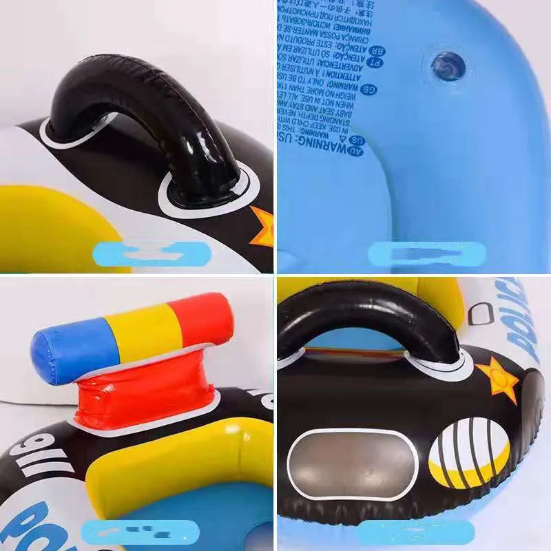 Children's black PVC inflatable swimming ring shaped like a police car with anti-rollover cushion