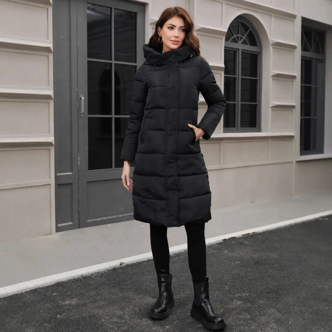 Men's black slim fit hooded winter jacket with long sleeves and thickened cotton construction