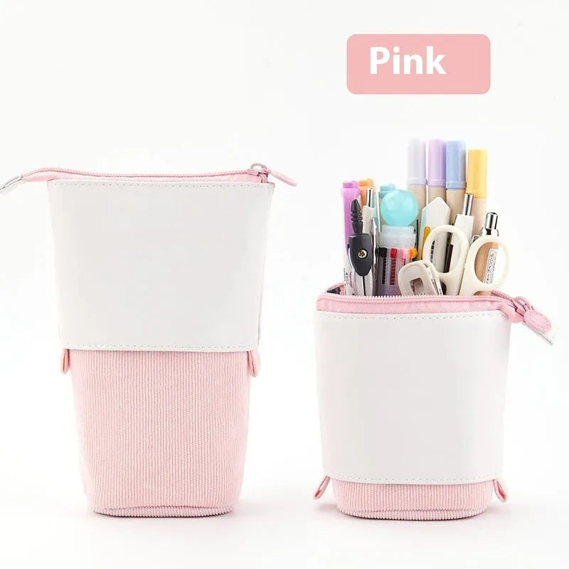 Soft PU corduroy telescopic pencil case in purple colour with drop-down open design.