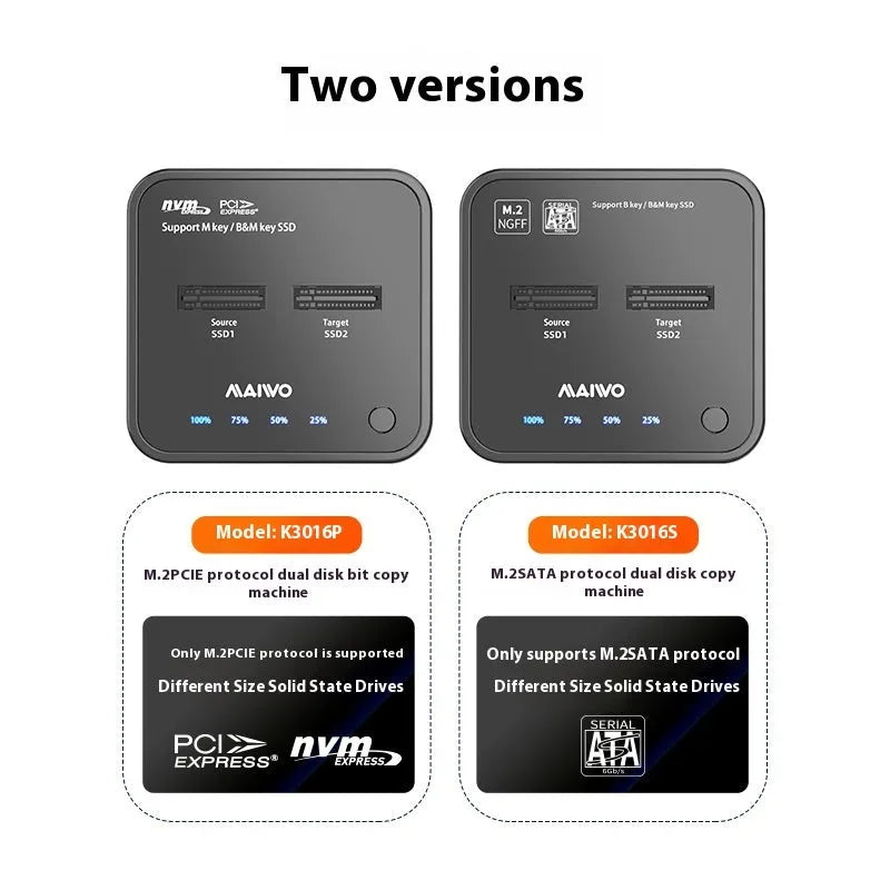MAIWO K3016 M.2 SSD cloning dock with data cables and power adapter on a desk.