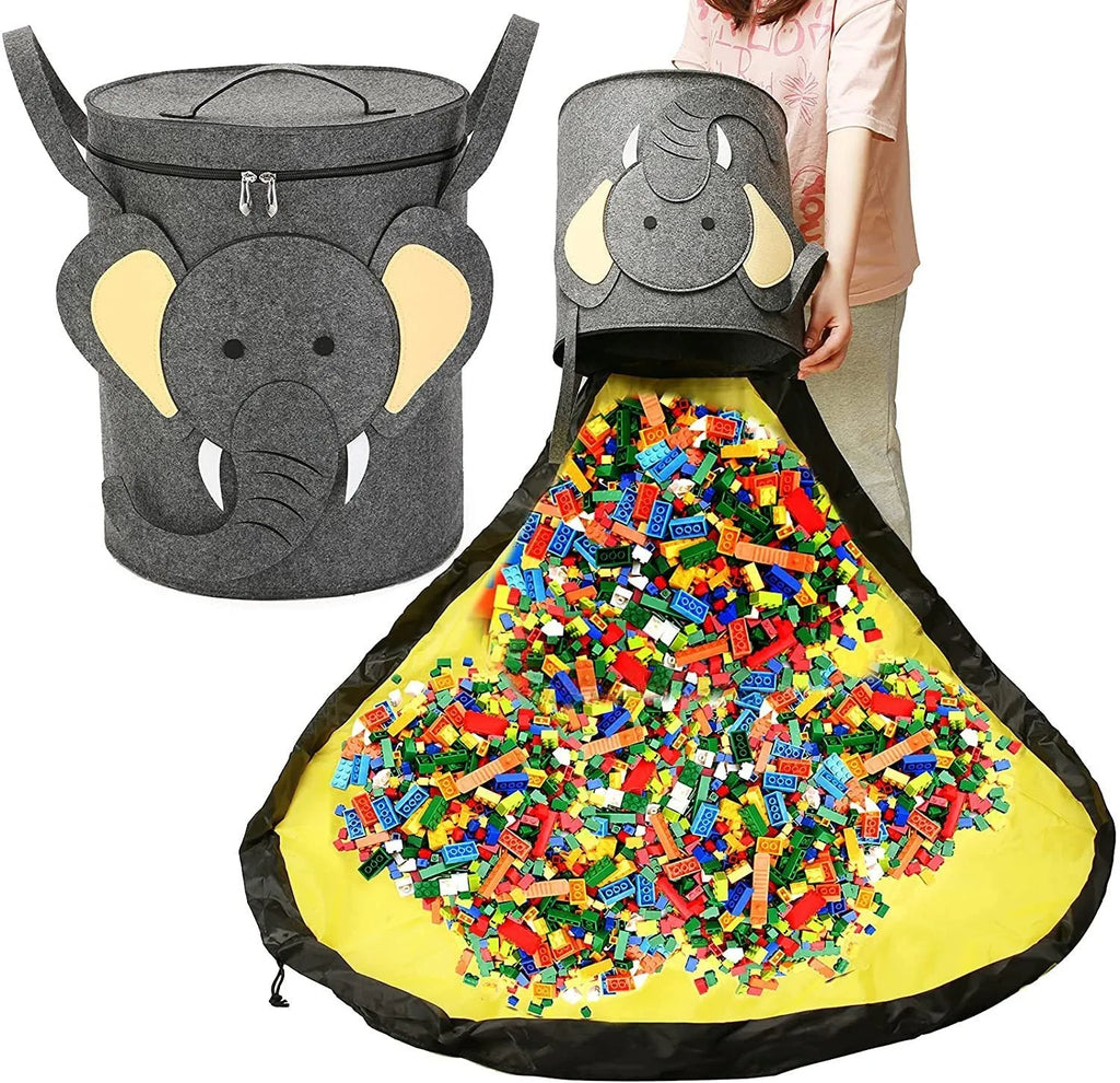 Green felt cube storage bag with pull rope, shown both as a flat play mat and gathered toy bag
