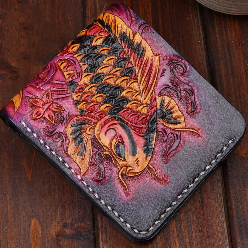 Men's carved cow leather short wallet in red, shown open to display interior.