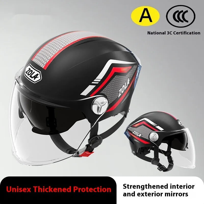 A light brown 3C certified motorcycle half helmet with a double mirror visor on a stand.
