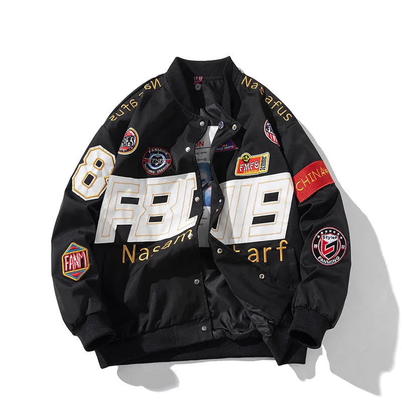 Thick polyester motorcycle jacket for men embroidered baseball design side pockets drawstring sleeves