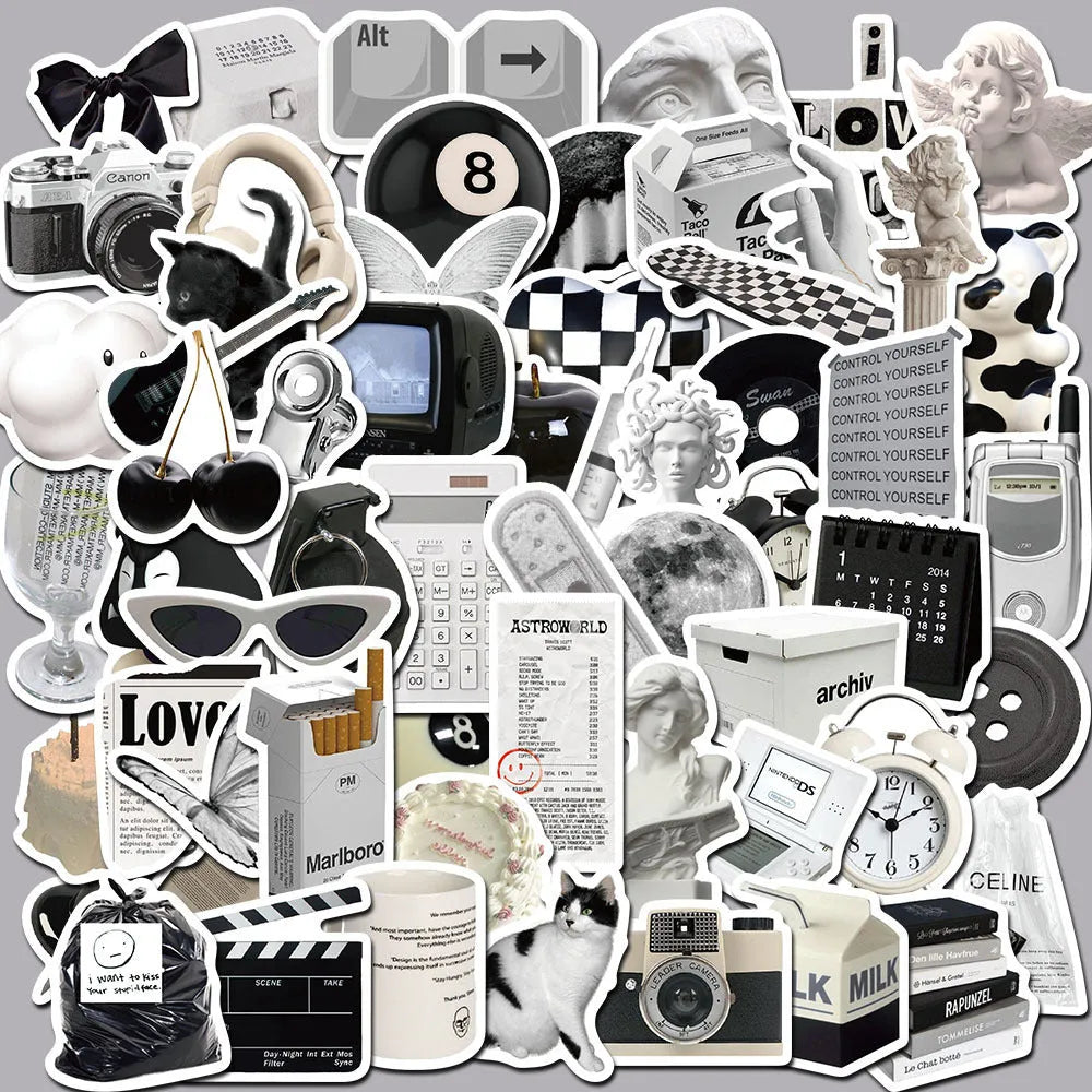 61-piece black and white PVC waterproof sticker pack for laptops and coffee cups