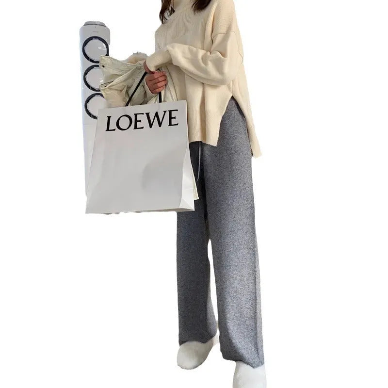 Women's knitted wide-leg high waist trousers in straight-leg style for autumn winter casual wear