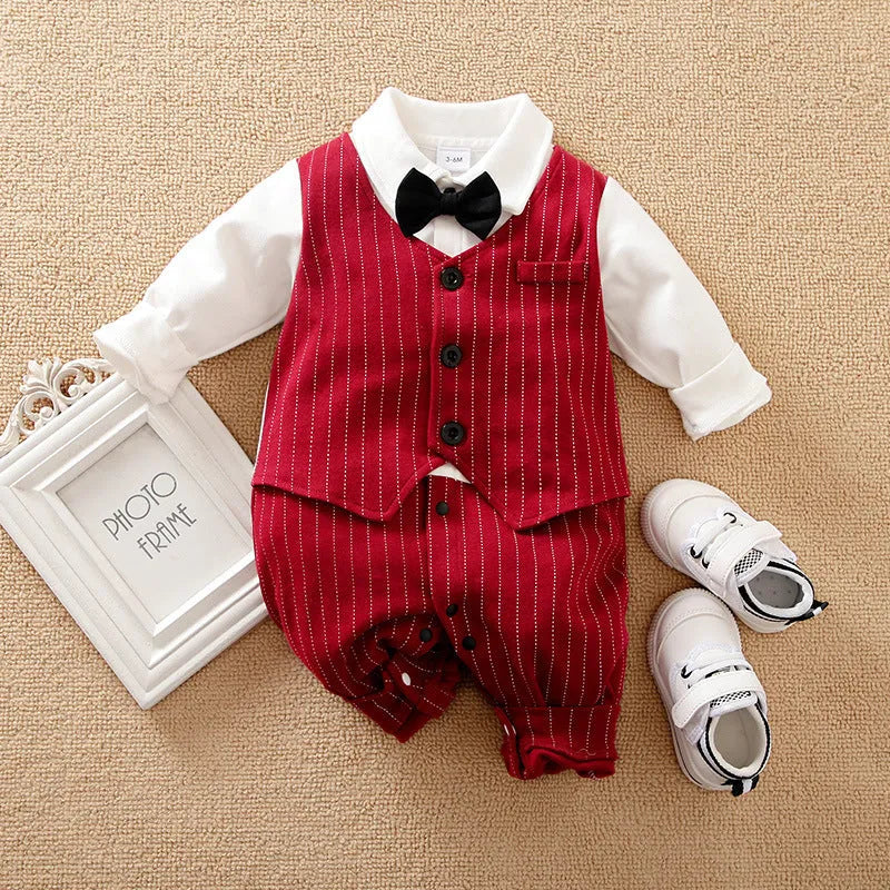 Wine red long-sleeved cotton baby boy romper one-piece suit laid flat