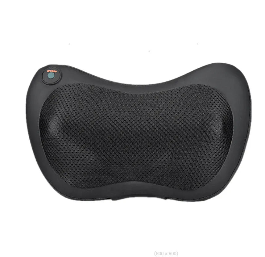 Black genuine leather neck and shoulder massage pillow with 8 massage heads, shown on a car seat.