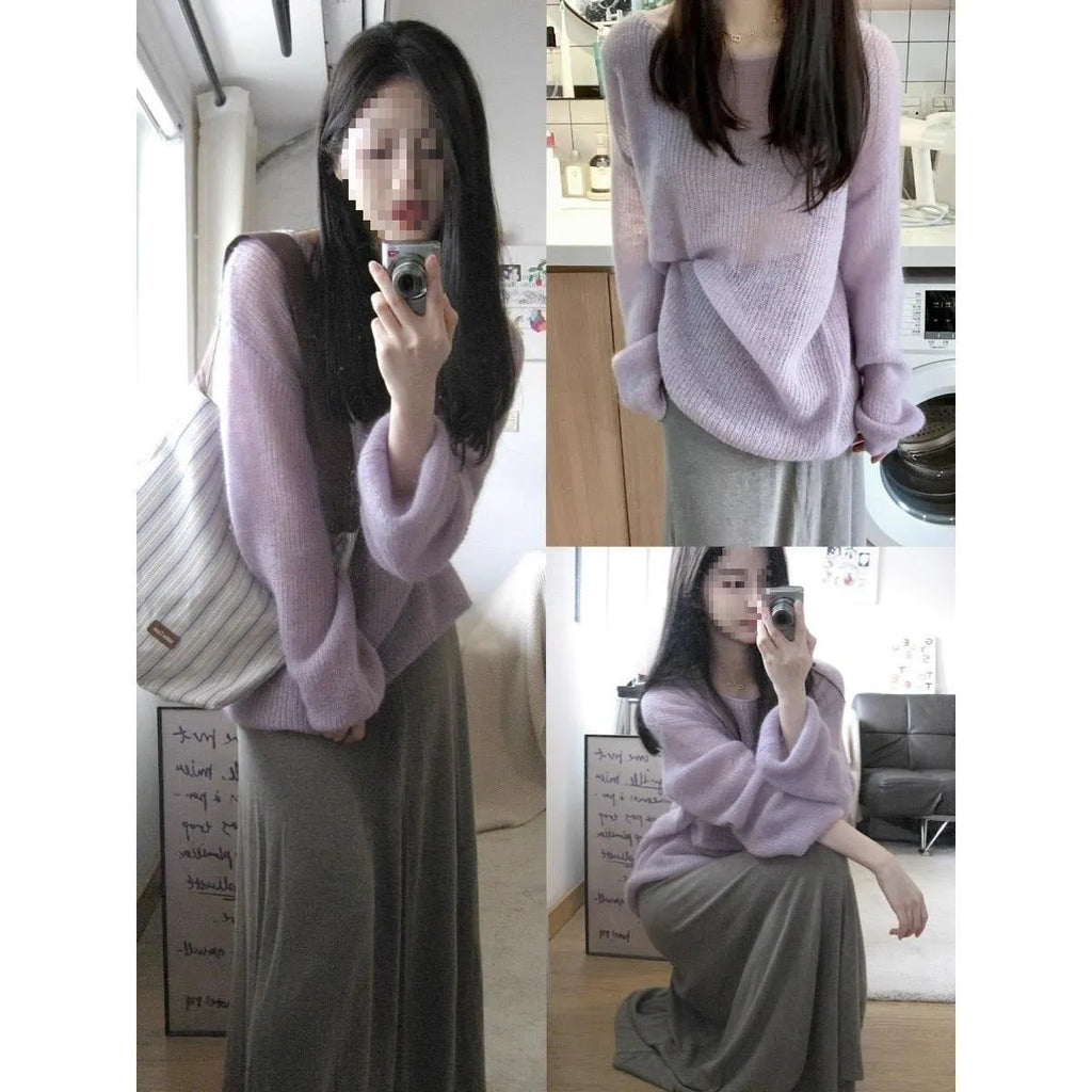 Purple ice silk women's blouse with hollow-out design and princess sleeves on a hanger.
