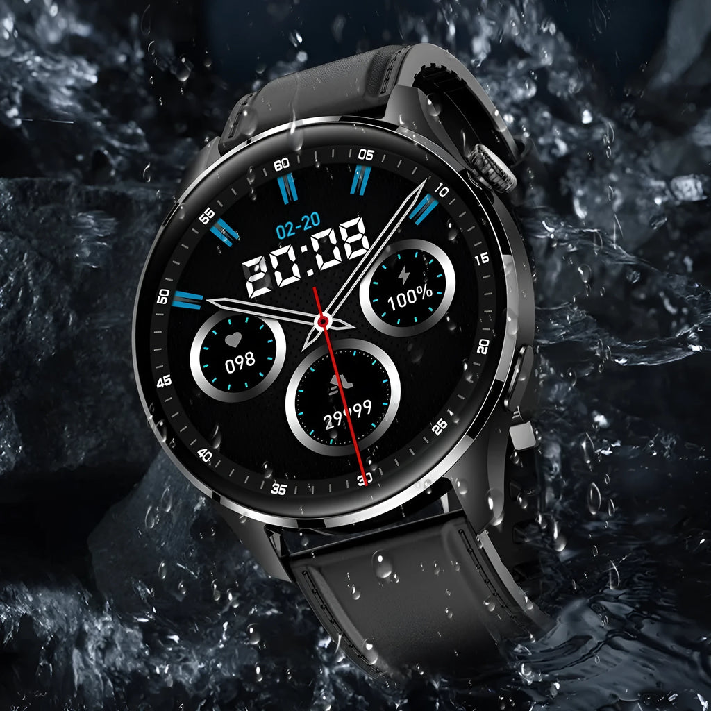 Smart watch with round colour touchscreen showing interface, available with black or silver silicone or steel straps