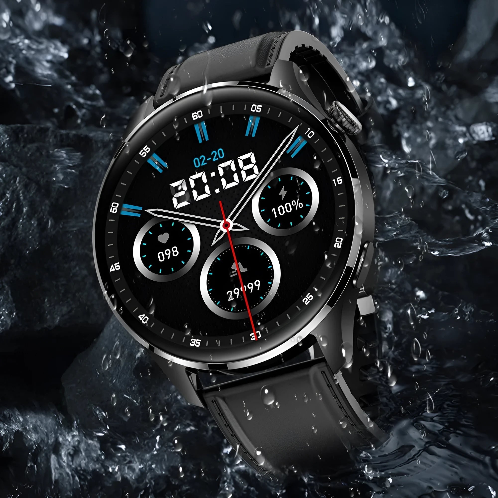 Smart watch with round colour touchscreen showing interface, available with black or silver silicone or steel straps
