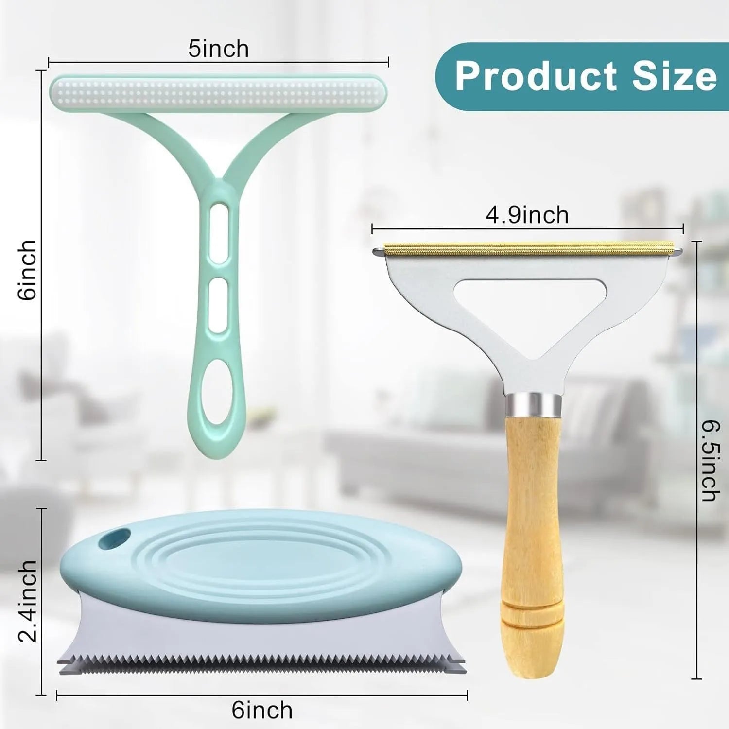 Three-piece pet hair remover set with metal scraper, silicone brush, and round cleaner