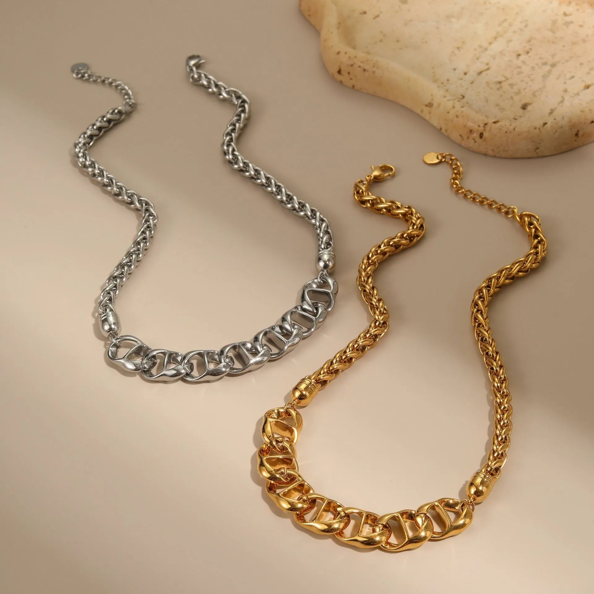 Stainless steel necklace with geometric pendant and 18K gold plating in gold or steel colour options