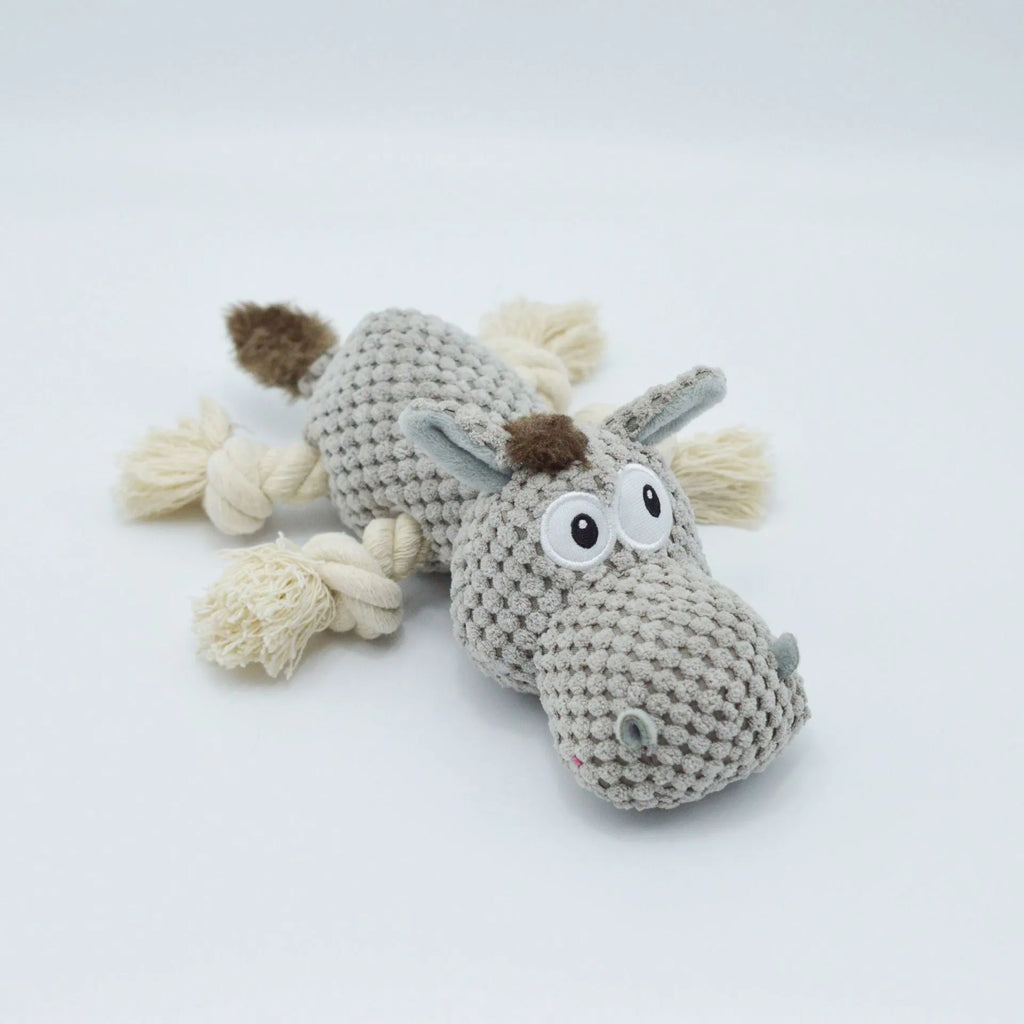 Grey donkey plush dog toy with creaking sound mechanism