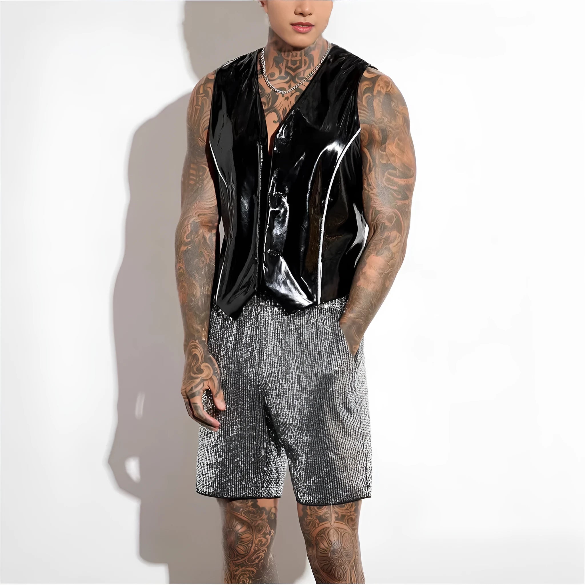 Men's straight cut shorts with sequin details in cotton blend fabric, silver and black colours