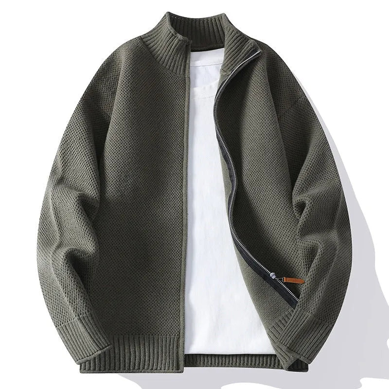 Men's American-style solid colour Vinylon sweater coat in gray, front view, sizes M to 4XL.