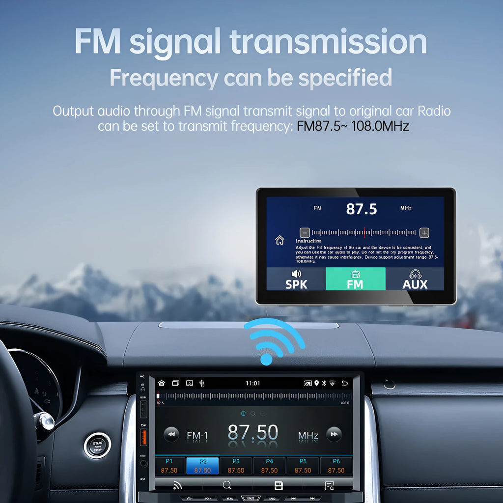 7-inch black wireless CarPlay dash camera with touch screen and wide-angle lens
