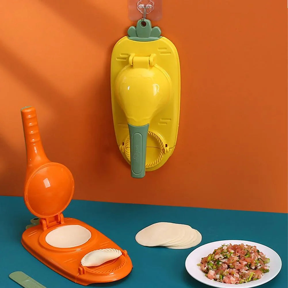Orange and white 2-in-1 kitchen dumpling making tool with ergonomic handle and hanging hole