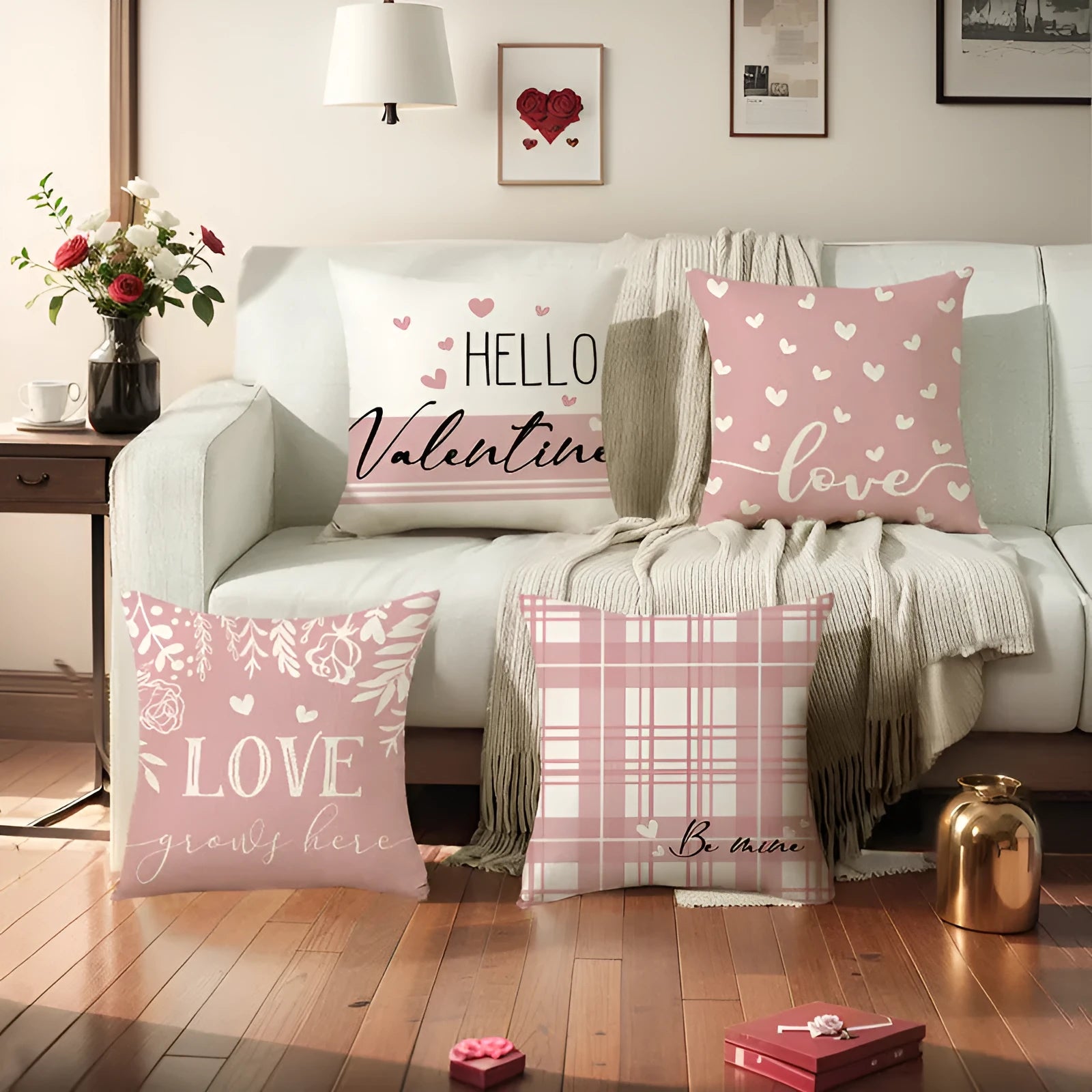 A square Valentine's Day cushion cover with a red and white plaid and heart print design.
