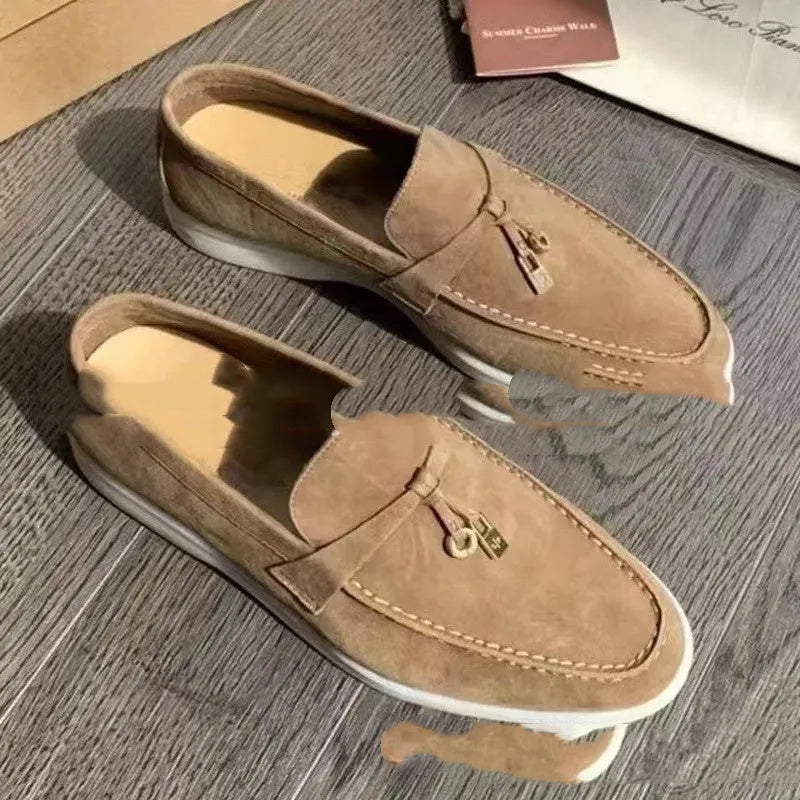 European style gommino slip-on loafers with round toe, high-top design, and decorative sewing lines
