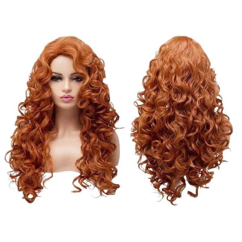 Brown long wavy curly wig on wig head cover for Halloween cosplay