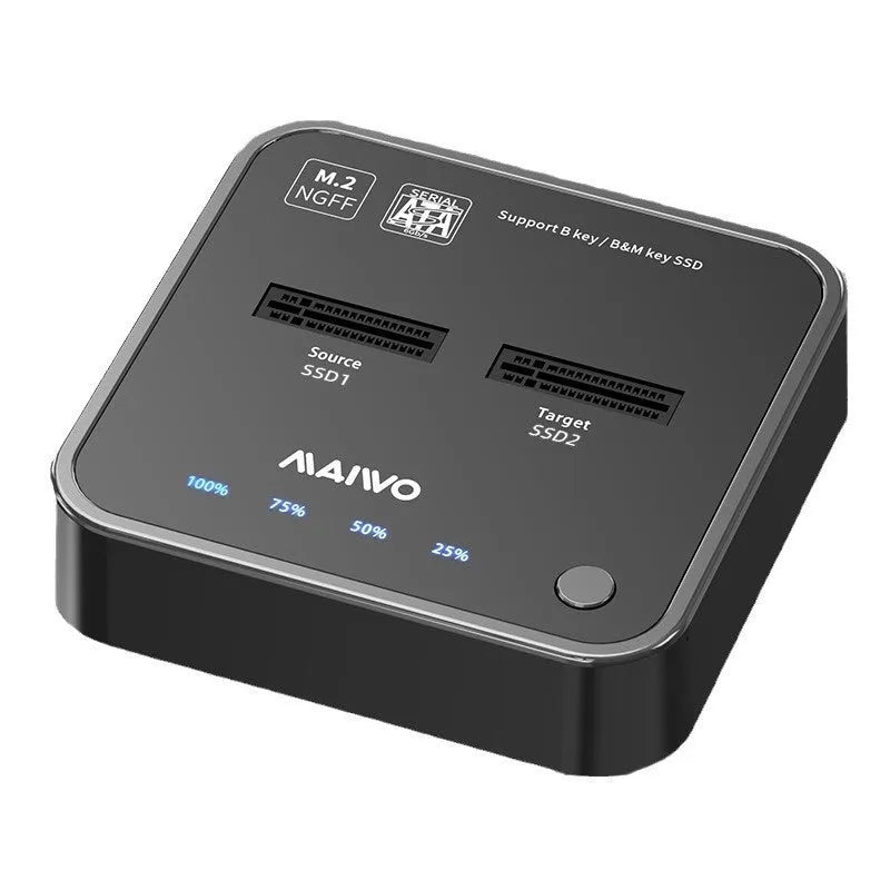 MAIWO K3016 M.2 SSD cloning dock with data cables and power adapter on a desk.