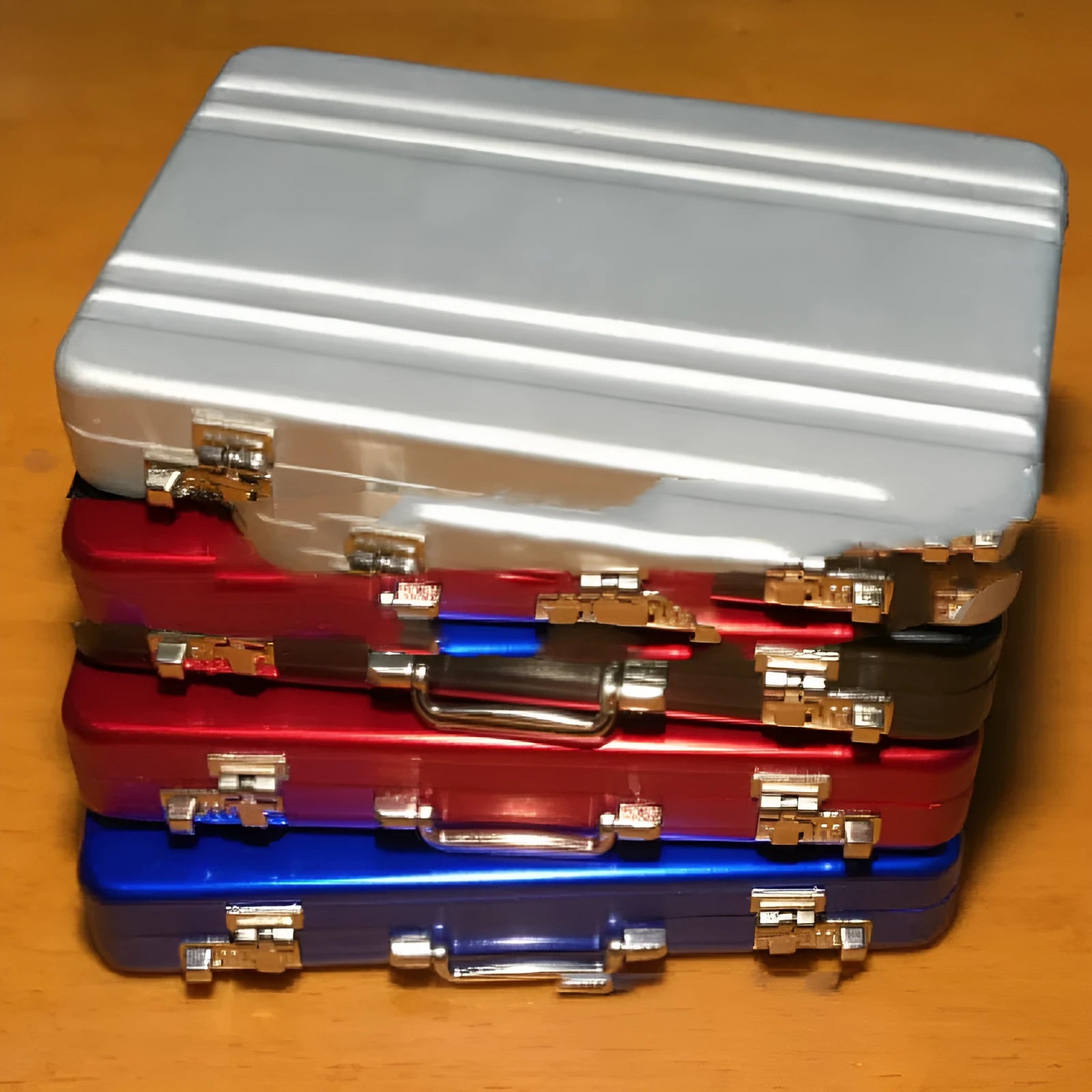 Red aluminium alloy metal card holder showing its slim 16mm profile and card slots.
