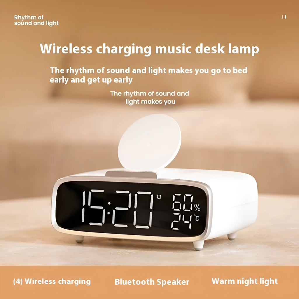 White wireless charging Bluetooth speaker with night lamp functions on bedside table