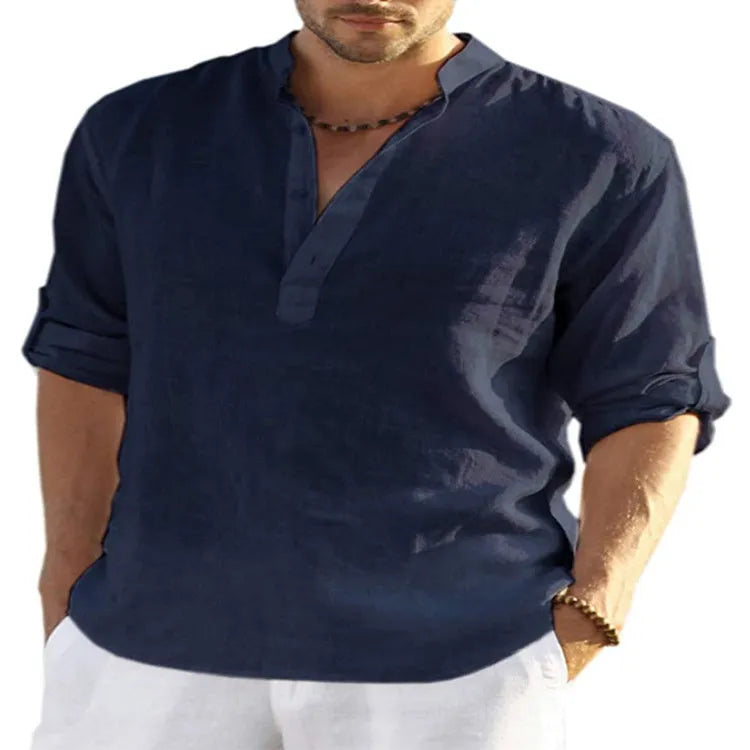 Men's slim-fit long sleeve shirt in a cotton linen blend with a stand collar, shown in a light blue colour.