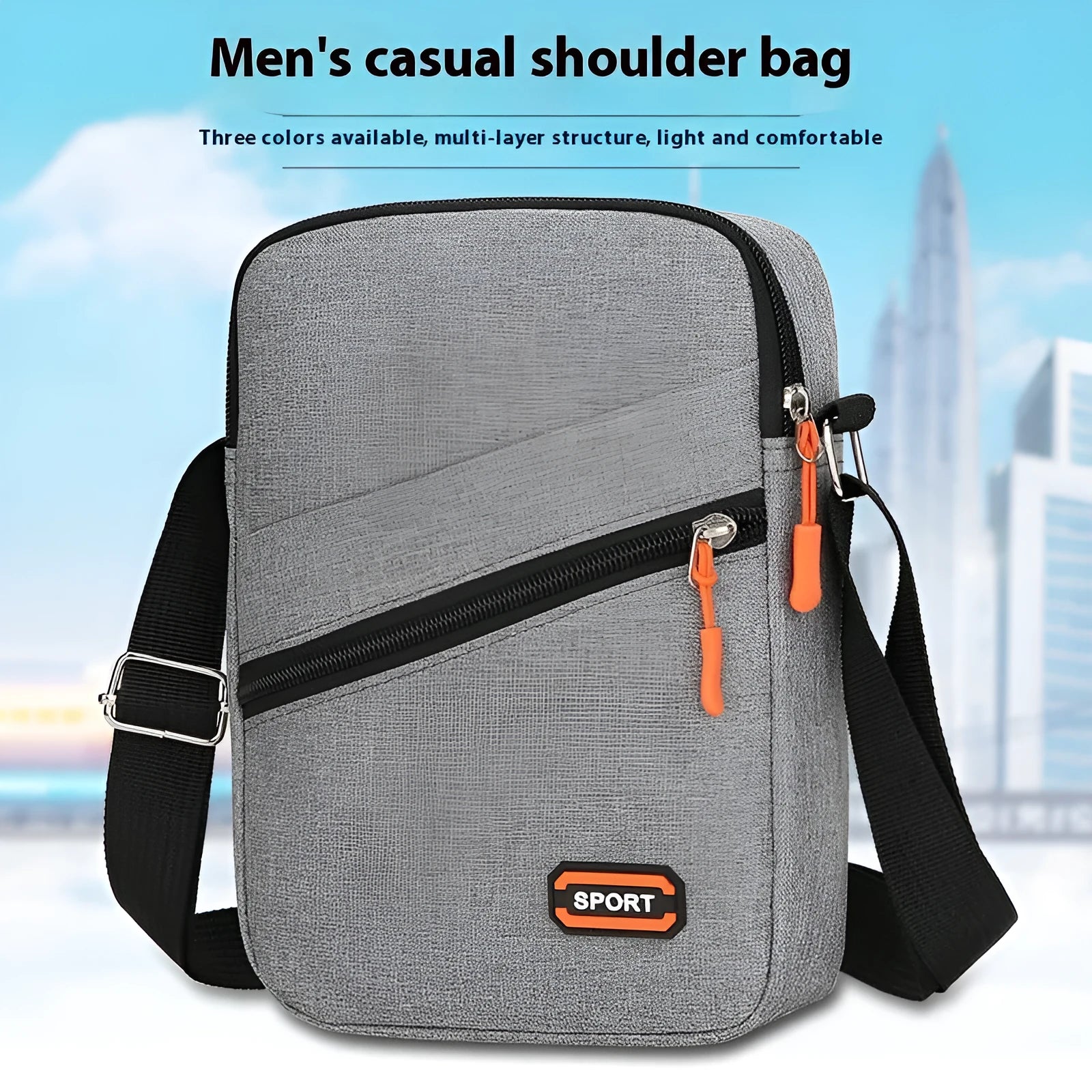 Oxford cloth commuter bag in silver grey, black, or navy blue with crossbody shoulder strap and contrast colour detailing