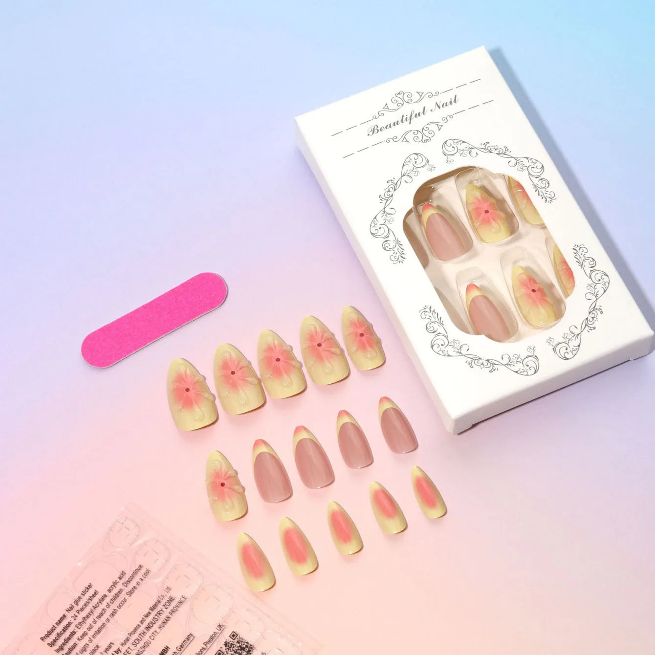 Cartoon-style 3D flower detachable fake nails set with plastic armour and adhesive components