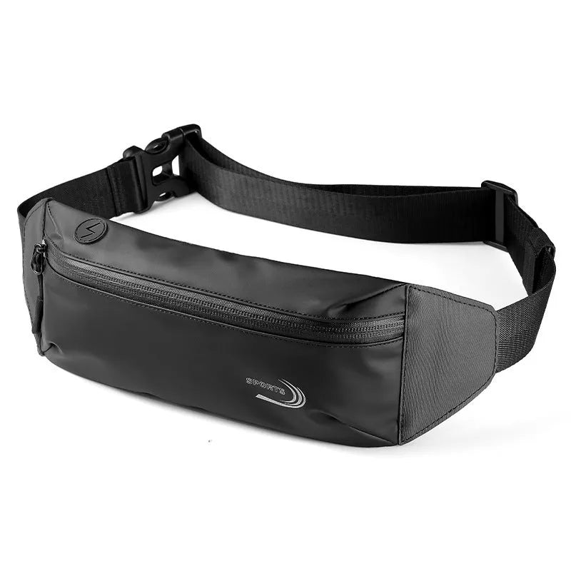 Men's solid-colour waterproof waist bag in blue, shown with dimensions for sports use.