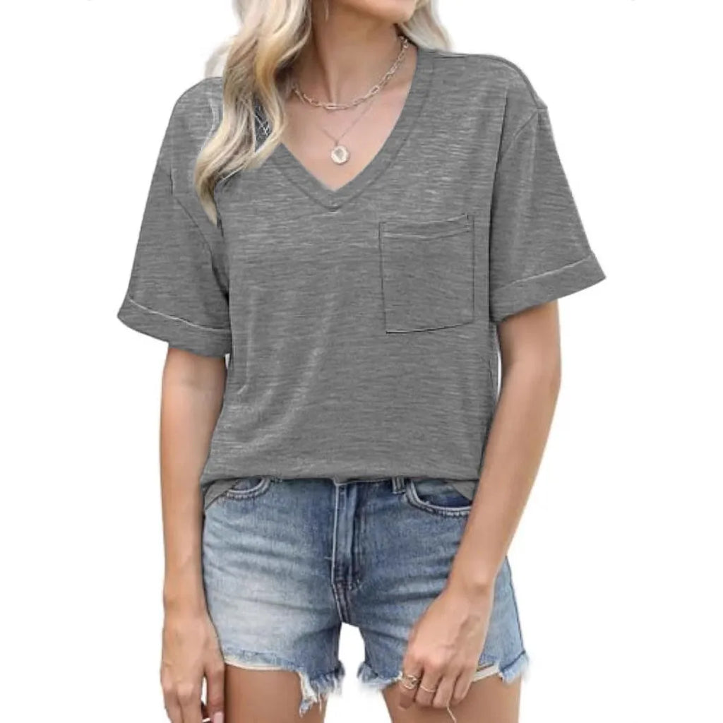 Grey loose-fit V-neck T-shirt with a chest pocket on a solid background