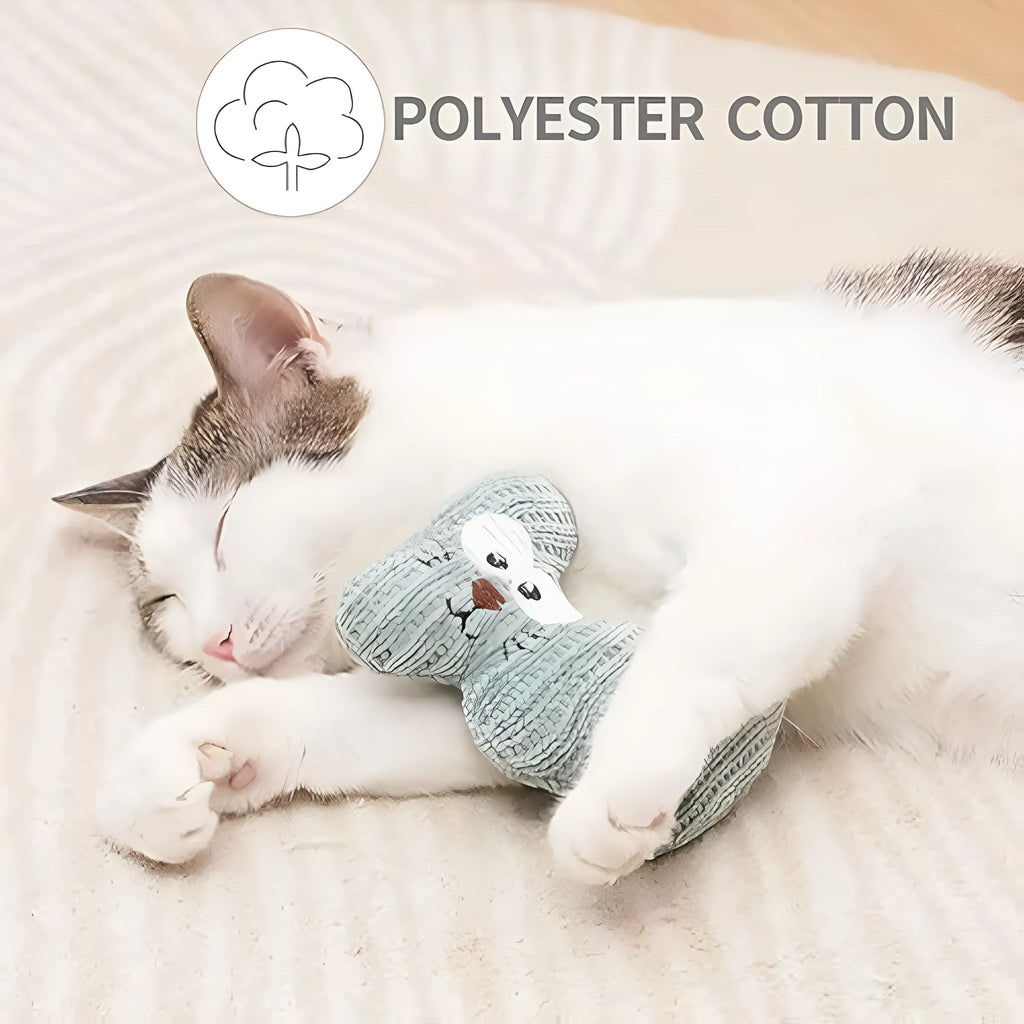 Cyan plush cat toy with bell and catnip, shown next to a light coffee coloured version.