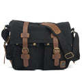 Army Green men's retro canvas crossbody shoulder bag with leather trim showing flap and internal organiser pockets.