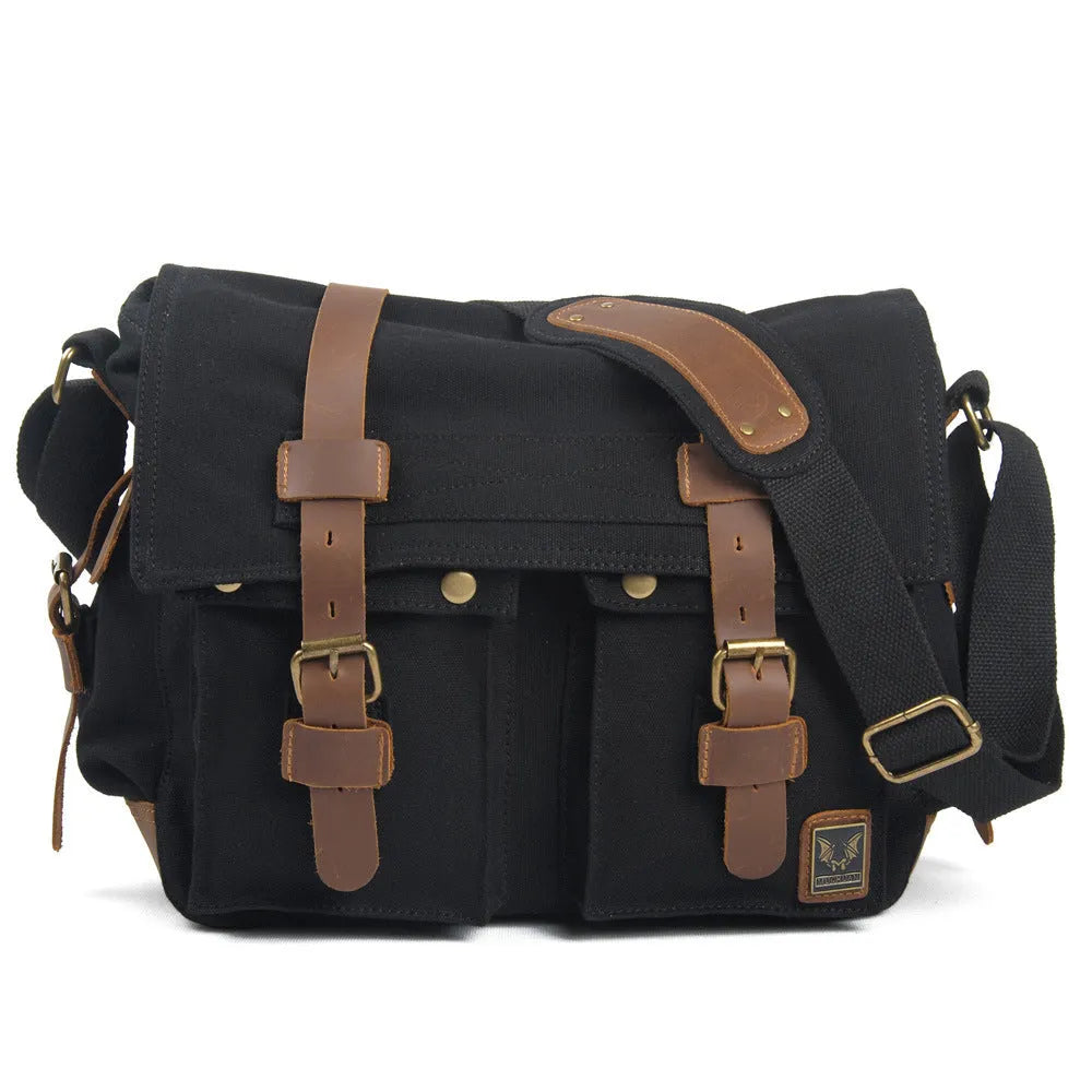 Army Green men's retro canvas crossbody shoulder bag with leather trim showing flap and internal organiser pockets.