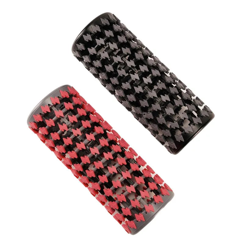 Adjustable telescopic foam roller extended to show length with yoga pillar accessory in choice of colours