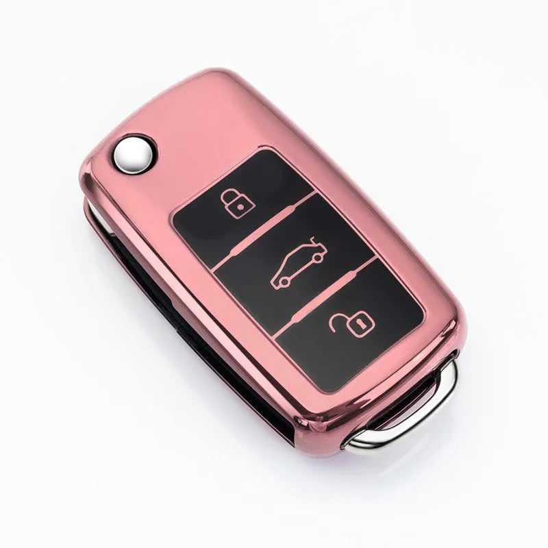 VW Model A car key case in blue, a TPU shell for a folding three-key fob.