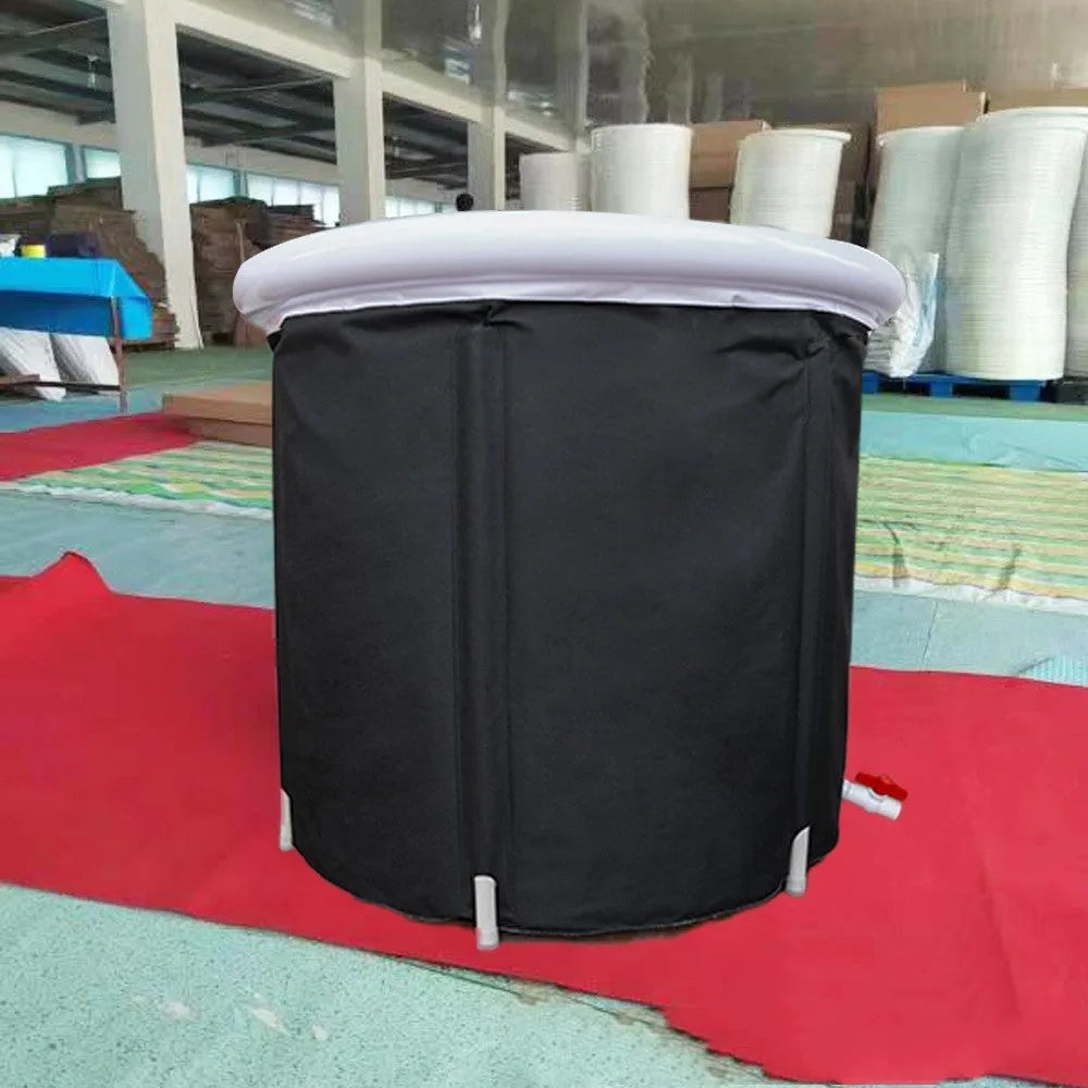 Black inflatable portable ice bath tub with weather lid and accessories for cold water therapy