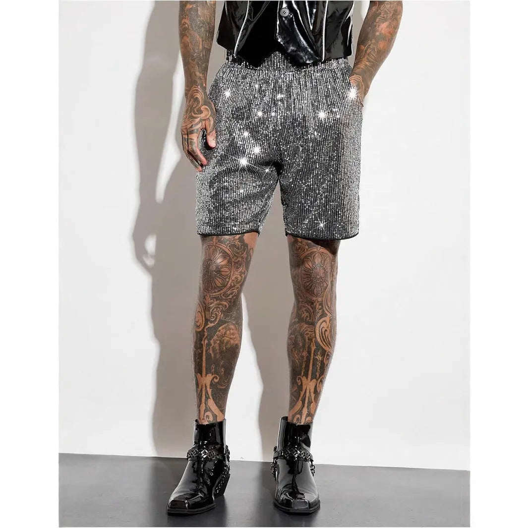 Men's straight cut shorts with sequin details in cotton blend fabric, silver and black colours