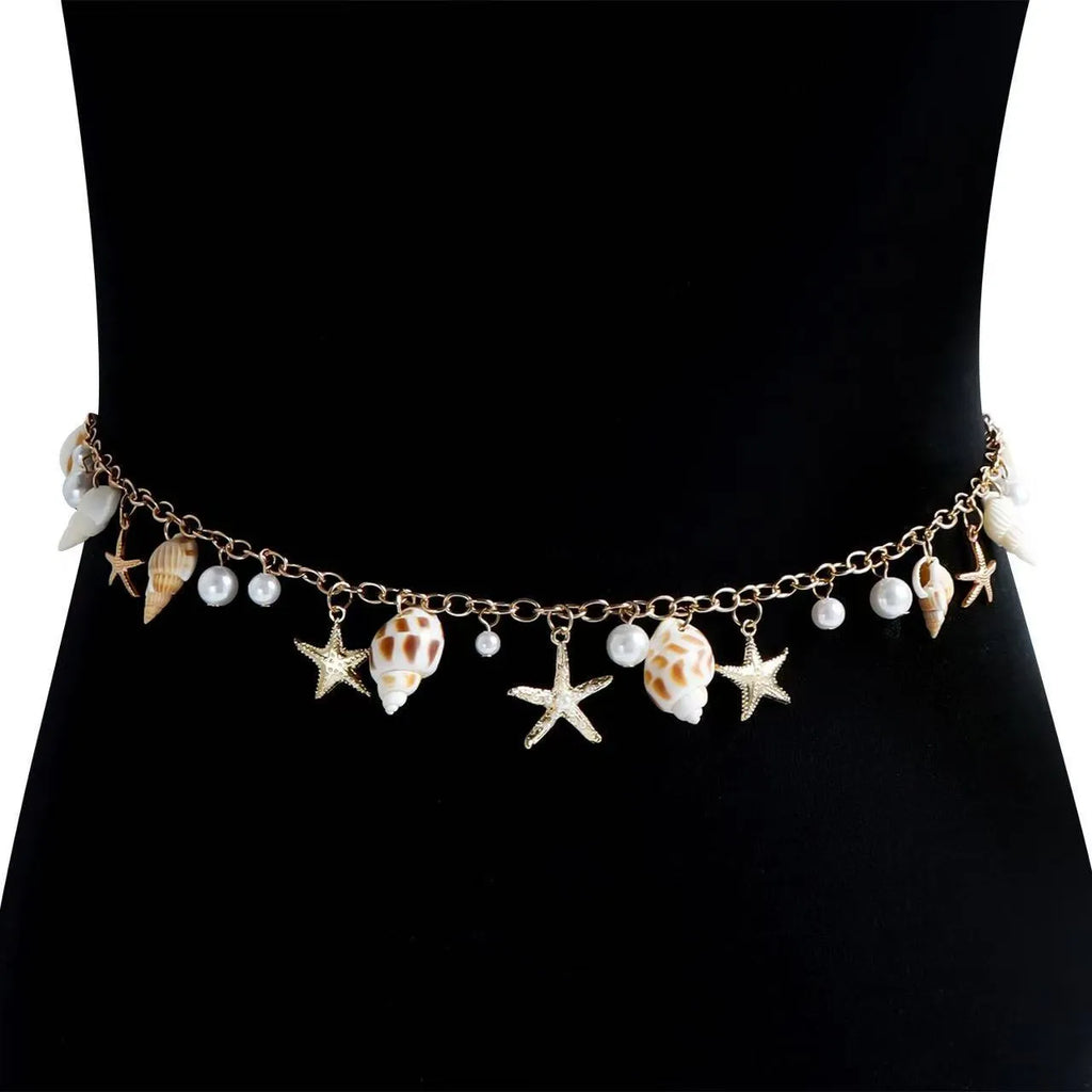 Women's alloy waist chain and matching bracelet with star shell design for summer fashion