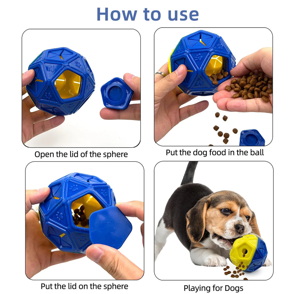 Blue bite-resistant hollow pet ball for interactive food dispensing with dogs