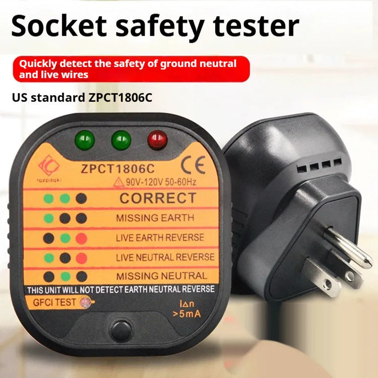 Black electrical socket tester for UK, EU and US plugs showing LED indicators for wiring faults.