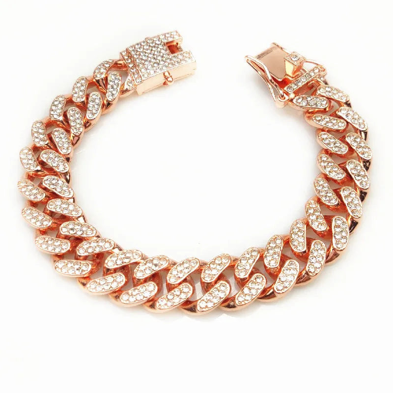 Hip hop pet collar in gold with alloy finish and 12.5cm width on a dog