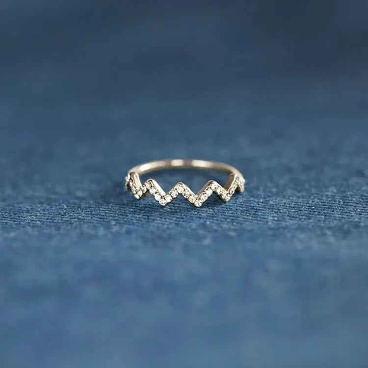 Wave pattern zircon inlaid ring in 925 silver, adjustable opening, gold colour finish, geometric wavy design