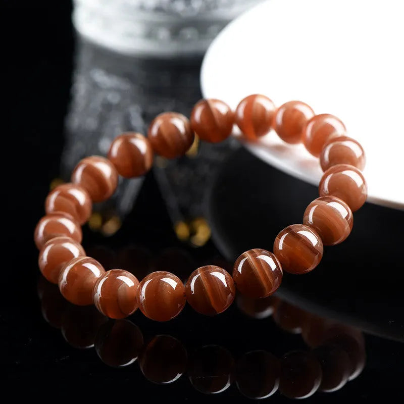 Natural old mine rhodochrosite round beads bracelet with Ruyi elements and geometric design
