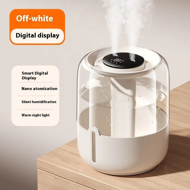 Beige round USB humidifier with dual spray nozzles, digital display, and large water capacity