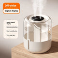 Beige round USB humidifier with dual spray nozzles, digital display, and large water capacity